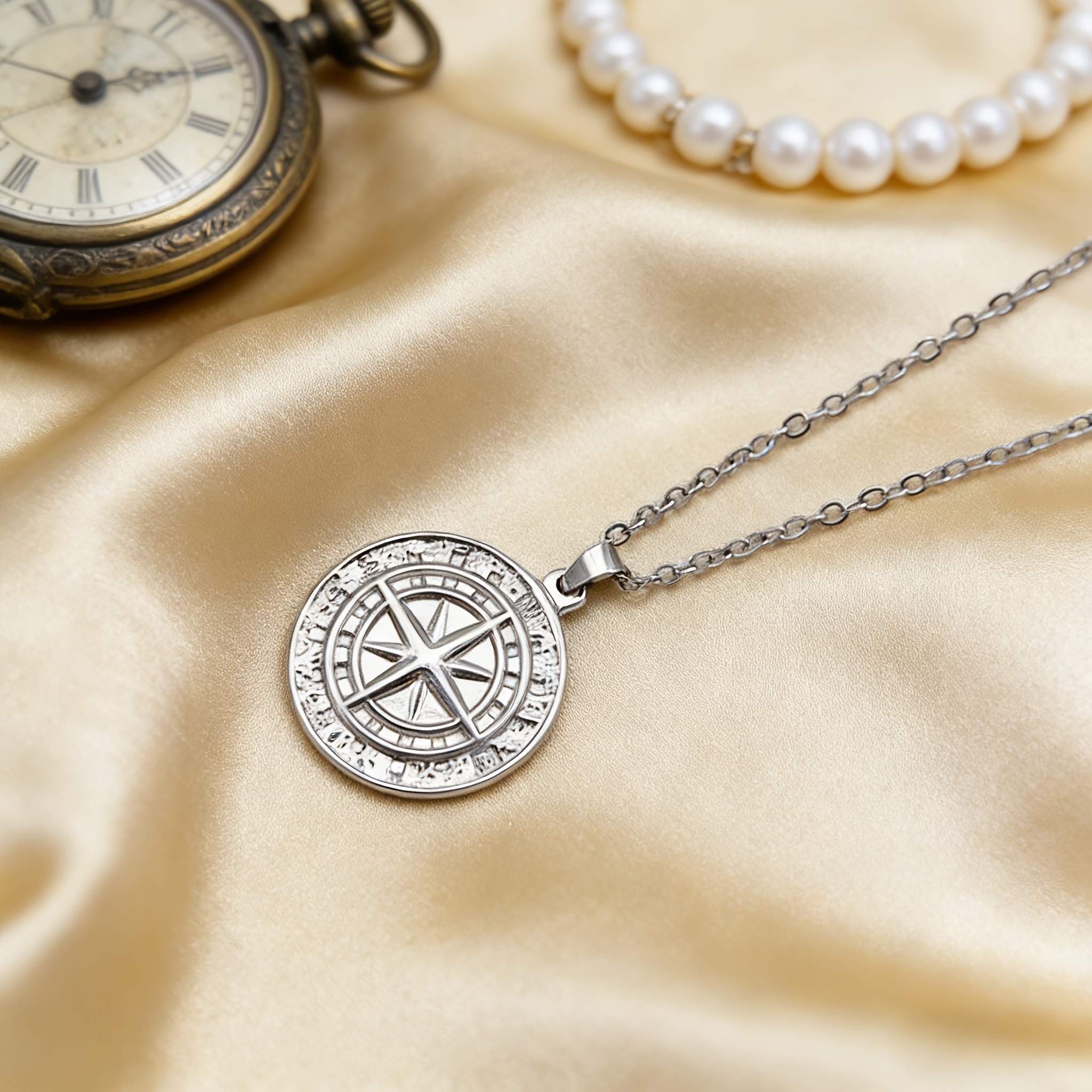 Vintage Nautical Compass Pendant Necklace, Hypoallergenic Steel